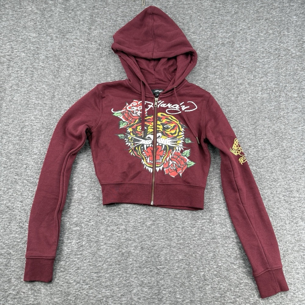 Ed Hardy Cropped Full Zip Hoodie Womens Small Burgundy Tiger Roses Y2K Graphic